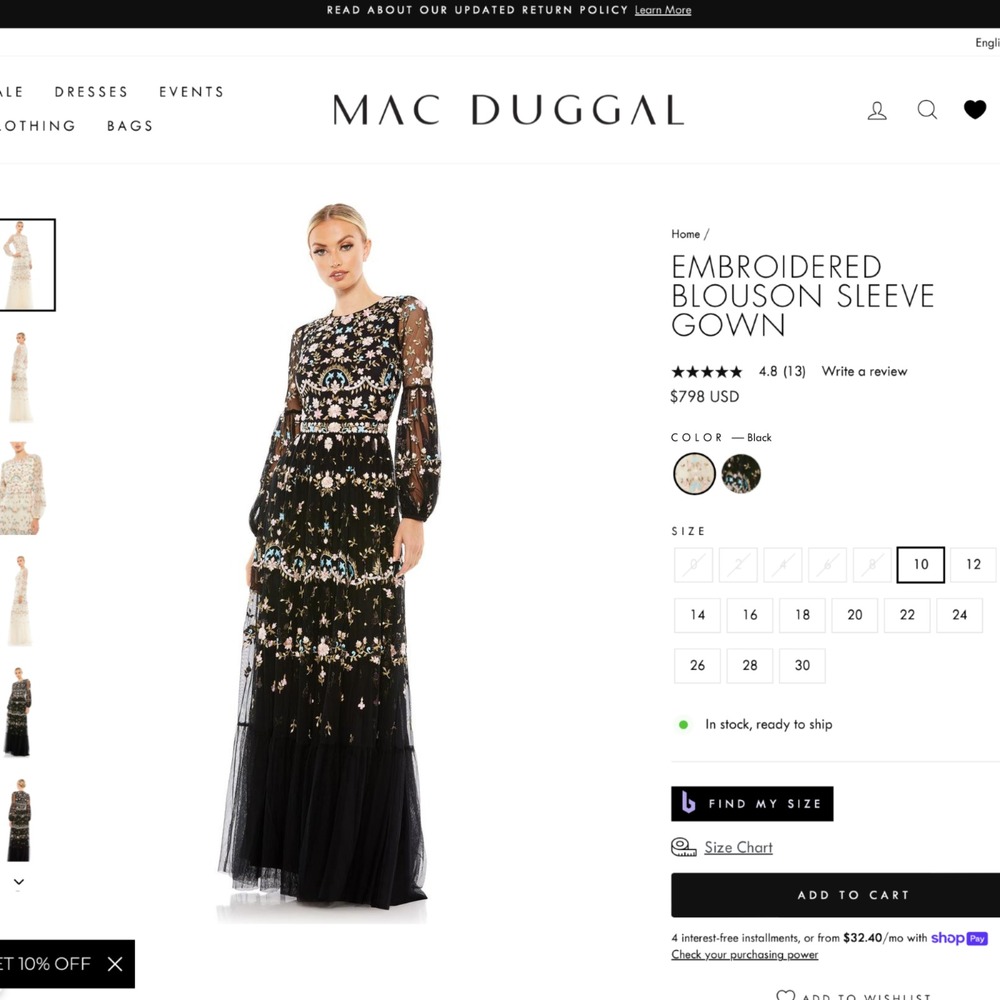NWT Mac Duggal [ 6 ] 35111 Floral Embroidered Blouson Sleeve Gown‎ Black #Q1214 - Picture 3 of 14